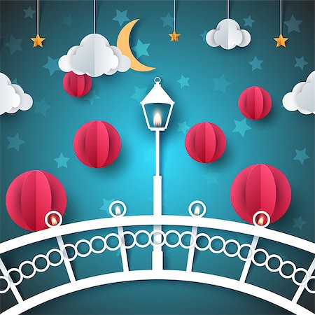 Cartoon paper landscape. Bridge, lamp, bulb street illustration Vector eps 10 Stock Photo - Budget Royalty-Free & Subscription, Code: 400-09133634