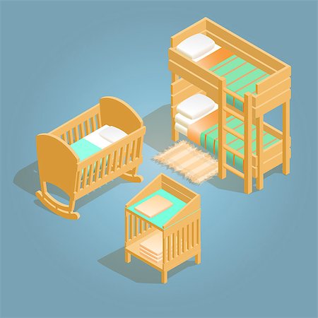 sleeping babies cartoons - Bunk bed, baby crib and baby changing table isometric icon. Cartoon wooden bed for children with a pillow and  blanket. Furniture icon set isolated on blue. Detailed objects.  Vector flat style 3d illustration. Stock Photo - Budget Royalty-Free & Subscription, Code: 400-09141419