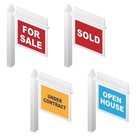 sold sign - Set of four popular style real estate signs, For Sale, Sold, Open House and Under Contract, isometric 3D vector illustration Photographie de stock - Aubaine LD & Abonnement, Code: 400-09141740