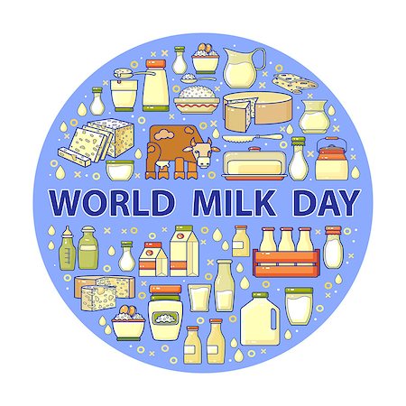 World milk day card. Vector set of flat design cute colorful dairy icons isolated on blue background. Included cow, bottle of milk, cheese. Milk Day concept flat design. Stock Photo - Budget Royalty-Free & Subscription, Code: 400-09142437