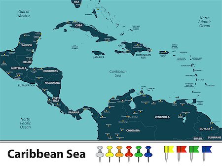 Vector map of Caribbean Sea with countries, big cities and icons Stock Photo - Budget Royalty-Free & Subscription, Code: 400-09158723