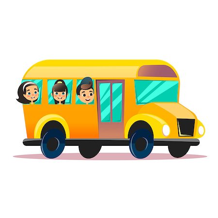 Flat school bus. School kids riding a schoolbus. Back to school flat concept. Happy schoolchildren are watching from windows. Stock Photo - Budget Royalty-Free & Subscription, Code: 400-09158788