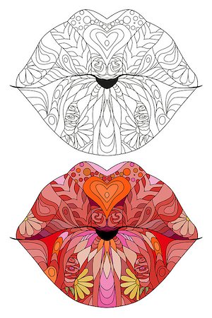 Lips zentangle styled for t-shirt design, tattoo and other decorations. Color and outline set Stock Photo - Budget Royalty-Free & Subscription, Code: 400-09158872