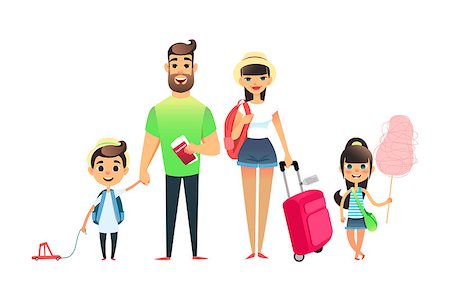 Travelling family people waiting for airplane or train. Cartoon dad, mom and child traveling together. Young cartoon couple, girl and boy go on vacation with suitcases and bags. Man holds tickets and passports. Happy big family leave on the sea resort Stock Photo - Budget Royalty-Free & Subscription, Code: 400-09152081