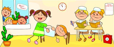 Girl doing massage. Examination on the courses on massage. School of massage, exam. Cartoon children in massage classes. Stock Photo - Budget Royalty-Free & Subscription, Code: 400-09152321