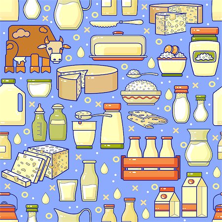 Vector seamless pattern of hand drawn line art dairy isolated on blue background. Food and drink flat design vector illustration. Stock Photo - Budget Royalty-Free & Subscription, Code: 400-09152562