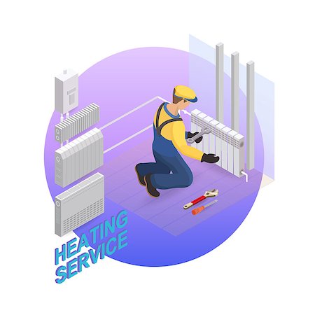 Home repair isometric template. Heating service. Installing thermal system. Repairer is fixing radiator. Builder in uniform holds a tool.  Heating worker and tools. Vector flat 3d illustration. Stock Photo - Budget Royalty-Free & Subscription, Code: 400-09153336