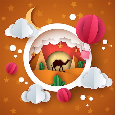 desert beautiful pic cactus - Desert landscape. Cartoon paper illstration. Camel, air balloon, cloud, moon cactus Vector eps 10 Stock Photo - Budget Royalty-Free & Subscription, Code: 400-09153390