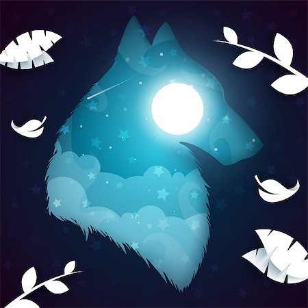 Paper wolf, dog illustration. Nightlandscape Vector eps 10 Stock Photo - Budget Royalty-Free & Subscription, Code: 400-09171116