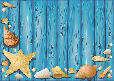 simsearch:400-08646884,k - Wooden Background with Seashells - Decorative Illustration with Underwater Life, Vector Stock Photo - Budget Royalty-Free & Subscription, Code: 400-09172477