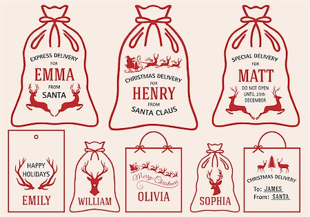 simsearch:400-08791935,k - Christmas bags and tags with Santa sleigh and reindeer, set of vector graphic design elements Foto de stock - Super Valor sin royalties y Suscripción, Código: 400-09173081