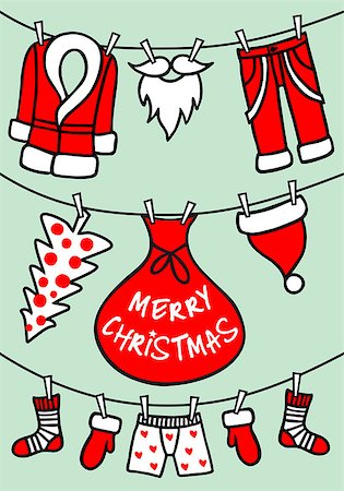 simsearch:400-04149556,k - Christmas card with Santa Claus clothes hanging on clothesline, set of vector graphic design elements Stock Photo - Budget Royalty-Free & Subscription, Code: 400-09173083