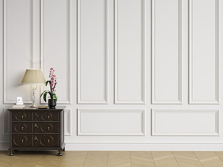 Classic sideboard with decor in classic interior with copy space.White walls with mouldings and ornated cornice. Floor parquet herringbone.Digital Illustration.3d rendering Stock Photo - Budget Royalty-Free & Subscription, Code: 400-09221455