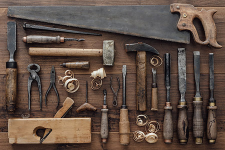 simsearch:600-00073204,k - Collection of vintage carpentry tools on an old workbench: woodworking, craftsmanship and handwork concept, flat lay Stock Photo - Budget Royalty-Free & Subscription, Code: 400-09221558