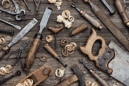 simsearch:600-00073204,k - Old used woodworking tools on a vintage workbench: carpentry, craftsmanship and handwork concept Stock Photo - Budget Royalty-Free & Subscription, Code: 400-09221564