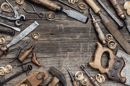 simsearch:600-00073204,k - Old used woodworking tools on a vintage workbench composing a frame: carpentry, craftsmanship and handwork concept Stock Photo - Budget Royalty-Free & Subscription, Code: 400-09221565