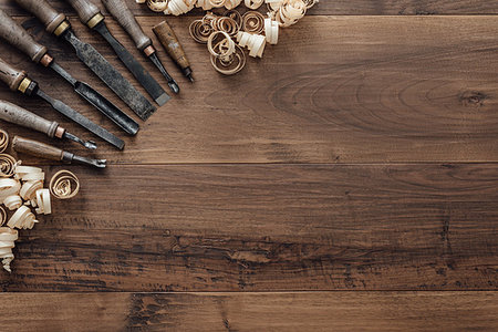 simsearch:600-00073204,k - Old carpentry tools on a workbench and blank copyspace: woodworking, craftsmanship and handwork concept, flat lay Stock Photo - Budget Royalty-Free & Subscription, Code: 400-09221560