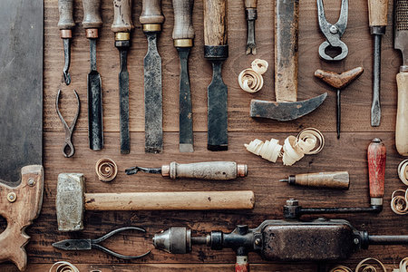 simsearch:600-00073204,k - Set of vintage carpentry tools on a old workbench: woodworking, craftsmanship and handwork concept, flat lay Stock Photo - Budget Royalty-Free & Subscription, Code: 400-09221562