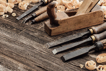 simsearch:600-00073204,k - Old carving and woodworking tools and wood shavings on a vintage workbench: carpentry, woodworking and craftsmanship concept Stock Photo - Budget Royalty-Free & Subscription, Code: 400-09221573