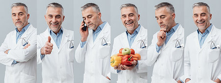 Collage of doctor's portraits with different expressions, using a smartphone and holding healthy food Stock Photo - Budget Royalty-Free & Subscription, Code: 400-09222976