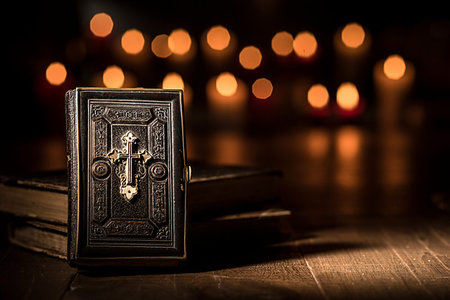simsearch:400-05890930,k - Antique precious Bible and lit candles in the Church: religion and Catholicism concept Stock Photo - Budget Royalty-Free & Subscription, Code: 400-09273827