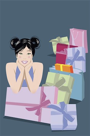 Illustration of woman with lots of gifts, boxes and flowers Stock Photo - Budget Royalty-Free & Subscription, Code: 400-03914395