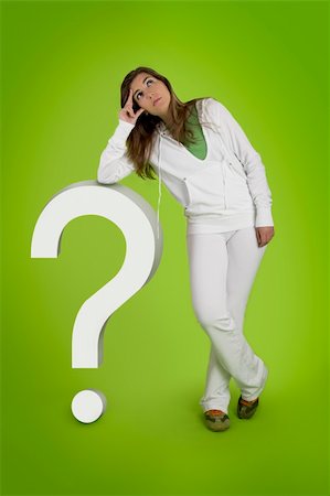 simsearch:400-04109331,k - Woman contemplating questions with a interrogation point in 3D on a green background Stock Photo - Budget Royalty-Free & Subscription, Code: 400-03915334