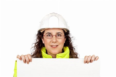 face card - Female construction worker behind the blank banner Photographie de stock - Aubaine LD & Abonnement, Code: 400-03912897