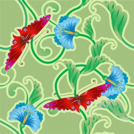 A beautiful butterfly and flower oriental tileable seamless repeating background. No meshes used Stock Photo - Budget Royalty-Free & Subscription, Code: 400-03913200