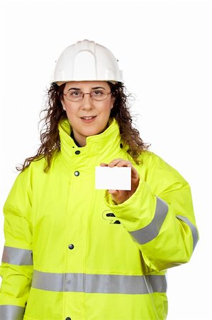 Female construction worker holding one blank card over a white background Stock Photo - Budget Royalty-Free & Subscription, Code: 400-03913947