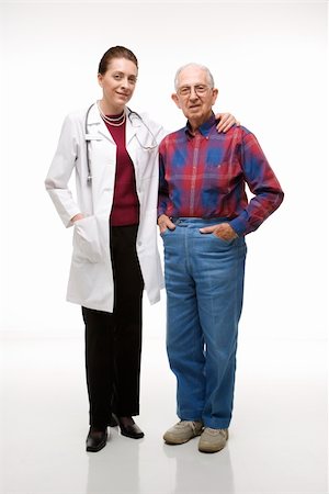 Mid-adult Caucasian female doctor with arm around elderly Caucasian male's shoulder. Stock Photo - Budget Royalty-Free & Subscription, Code: 400-03924231