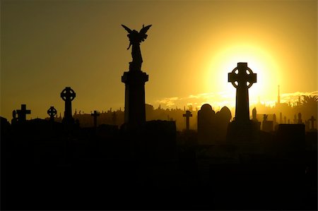 simsearch:862-06676770,k - silent evening scene at an old cemetery, silhouettes of graves, crosses and statues, black and yellow dominant colors Stock Photo - Budget Royalty-Free & Subscription, Code: 400-03927930