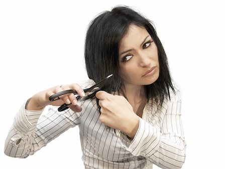 simsearch:614-03191133,k - portrait brunette woman cuts her own hair Stock Photo - Budget Royalty-Free & Subscription, Code: 400-03937847
