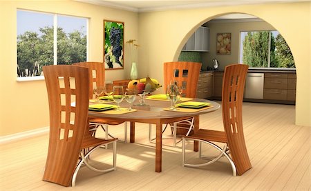 simsearch:846-03164688,k - Modern dining room with a kitchen on background This is 3d rendering, so if you want some modifications to the scene, change color scheme or have lave large file, just ask. Photographie de stock - Aubaine LD & Abonnement, Code: 400-03939528