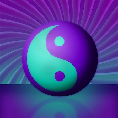 A bright purple and teal yin yang and its reflection in front of a swirling vortex. Stock Photo - Budget Royalty-Free & Subscription, Code: 400-03939986