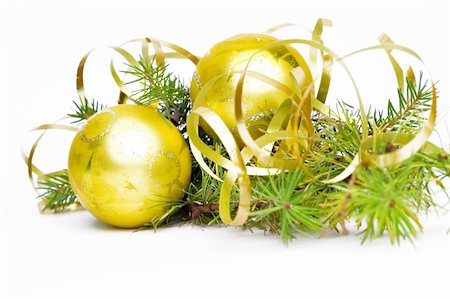 simsearch:400-04499144,k - Christmas decoration made of golden balls, ribbon and green pine needles Stock Photo - Budget Royalty-Free & Subscription, Code: 400-03944232