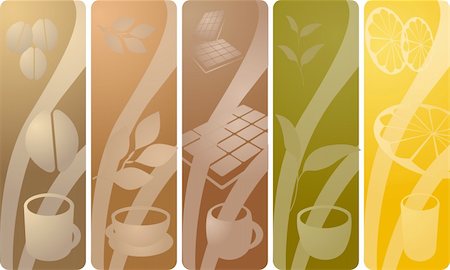 Panels depicting various beverages: coffee, tea, chocolate, green tea, juice. Vector illustration Stock Photo - Budget Royalty-Free & Subscription, Code: 400-03941052