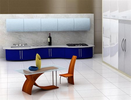 simsearch:846-03164688,k - Modern kitchen with with blue cabinets and wooden table Photographie de stock - Aubaine LD & Abonnement, Code: 400-03941167