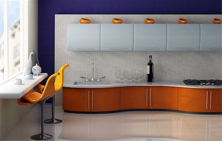 simsearch:846-03164688,k - Modern kitchen with orange and blue cabinets Photographie de stock - Aubaine LD & Abonnement, Code: 400-03941291