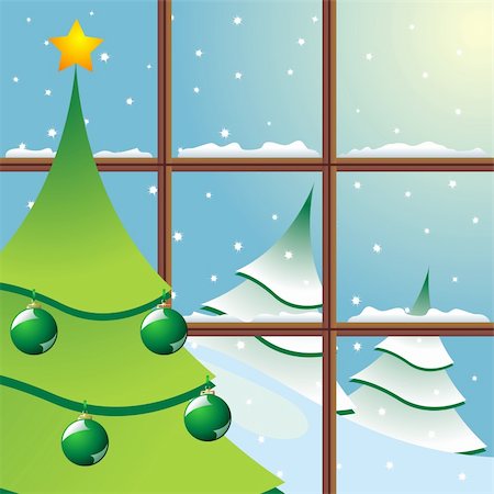 simsearch:632-06118429,k - Christmas tree near window. Snowing outside Stock Photo - Budget Royalty-Free & Subscription, Code: 400-03942769