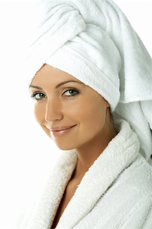 simsearch:400-04335125,k - Portrait of Fresh and Beautiful brunette woman wearing white towel on her head Stock Photo - Budget Royalty-Free & Subscription, Code: 400-03954008