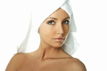 simsearch:400-04335125,k - Portrait of Fresh and Beautiful brunette woman wearing white towel on her head Stock Photo - Budget Royalty-Free & Subscription, Code: 400-03954024