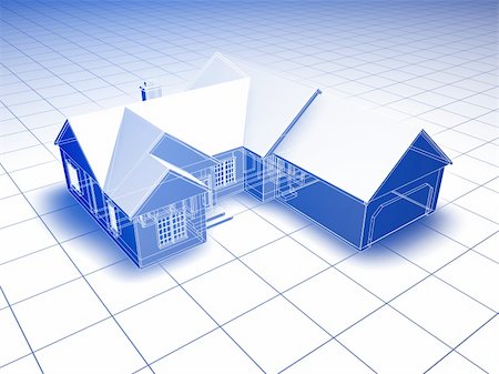 environment construction workers - Blueprint style 3D rendered house. Blue shading on white background. Stock Photo - Budget Royalty-Free & Subscription, Code: 400-03950147