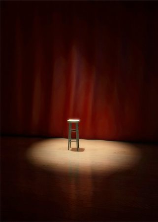 simsearch:632-05604064,k - Illustration of an empty stool on a stage of a theater, concert or comedy show lighted by a single spotlight in front of a red curtain. Stock Photo - Budget Royalty-Free & Subscription, Code: 400-03950322