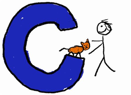 A childlike drawing of the letter C, with a stick person playing with a Cat Stock Photo - Budget Royalty-Free & Subscription, Code: 400-03951389