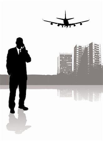 businessman talking on his phone while a plane flies over head Stock Photo - Budget Royalty-Free & Subscription, Code: 400-03952988