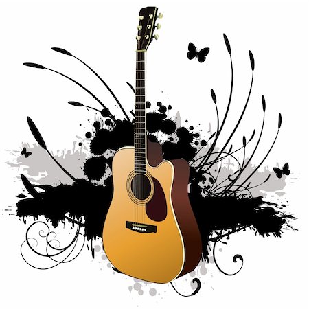 simsearch:400-04084371,k - Vector - 3D music guitar against a grunge ink splat background with vines and florals. Stock Photo - Budget Royalty-Free & Subscription, Code: 400-03953168