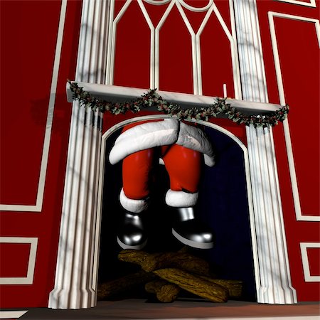 Santa coming down a chimney.  Boots and legs visible in the fireplace. Stock Photo - Budget Royalty-Free & Subscription, Code: 400-03965471