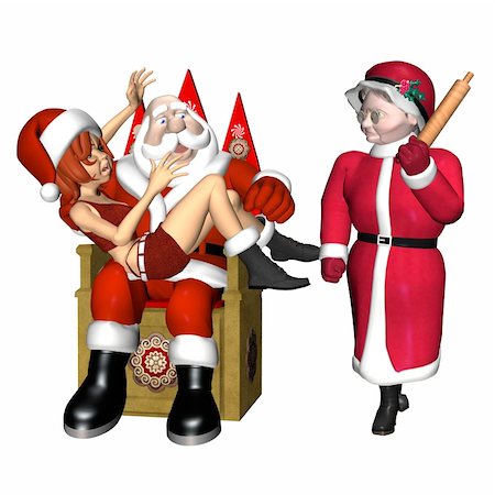 One of Santa's helpers sitting on his lap, caught by Mrs Claus.  Mrs Claus with a rolling pin. Isolated on a white background. Stock Photo - Budget Royalty-Free & Subscription, Code: 400-03965511