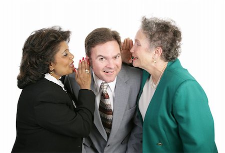 Two women whispering office gossip to a male colleague.  Isolated on white. Stock Photo - Budget Royalty-Free & Subscription, Code: 400-03969428